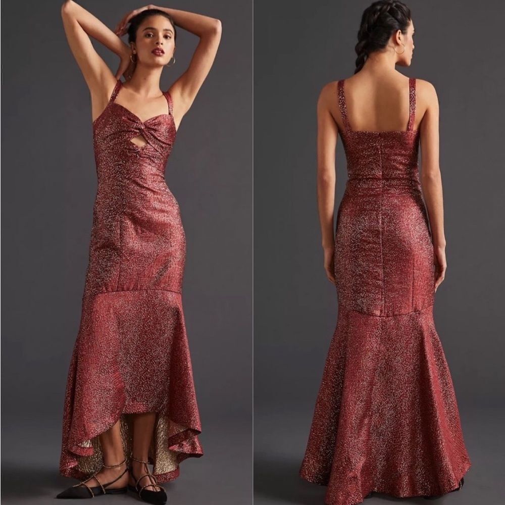 ML Monique Lhuillier Terracotta and Gold Metallic Jacquard High-Low Gown Size 10
